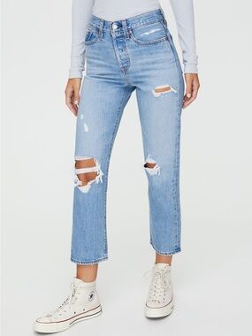 Levi's Wedgie Straight Light Blue Distressed Cropped Straight Jeans